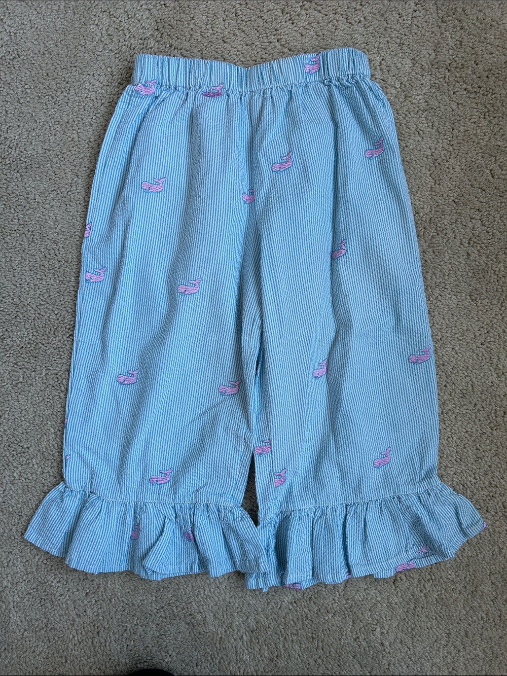 Smockadot Girls' Blue Seersucker Ruffle Capri Pants w/ Pink Whale Embroidery, 6